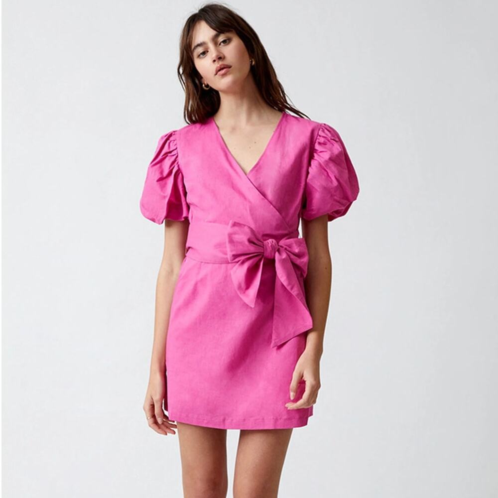 ANTHROPOLOGIE x CHARLIE HOLIDAY Linen Puff Sleeve Mini Dress Pink Sz 6 {3W45} - Picture 2 of 6